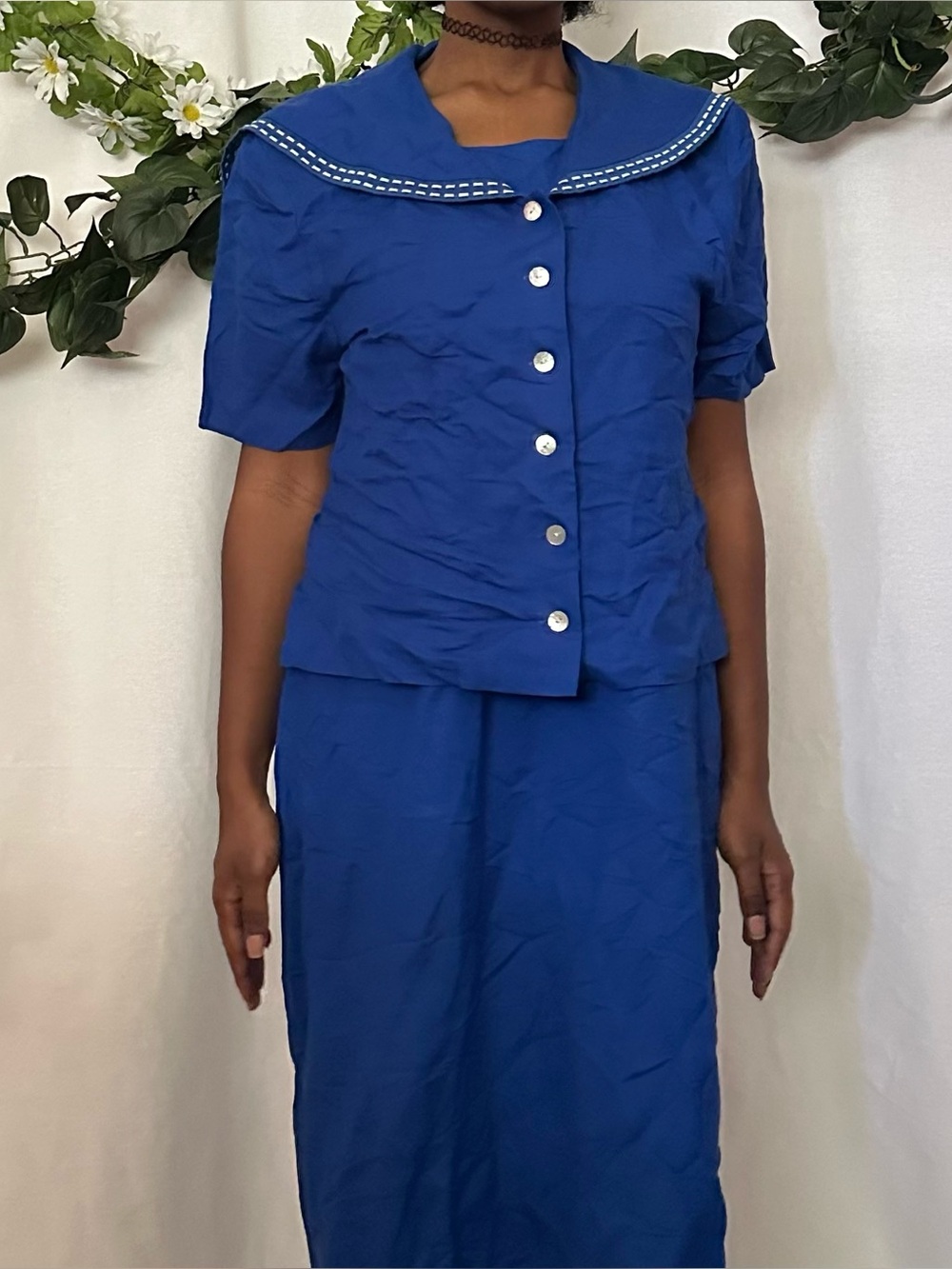Jessica Howard vintage 80s royal blue sailor-collar short-sleeve skirt suit